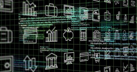 Streaming financial data visualizing transactions with wireframe icons and code overlay