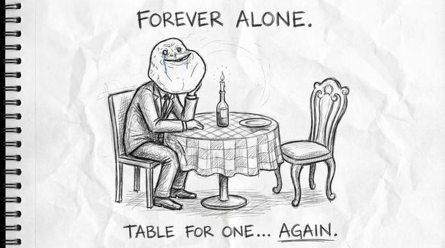Lonely dinner sketch featuring forever alone character sitting at table for one