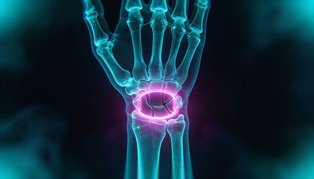 Neon glowing wrist joint highlighting carpal bones, radius and ulna in 3d medical render