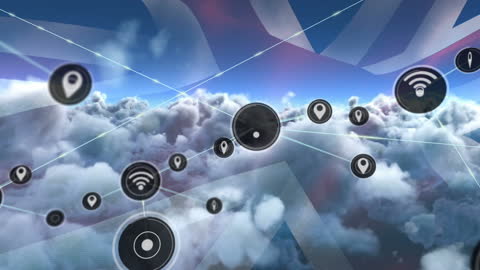 Global Network Connectivity Over UK Flag and Cloudy Sky