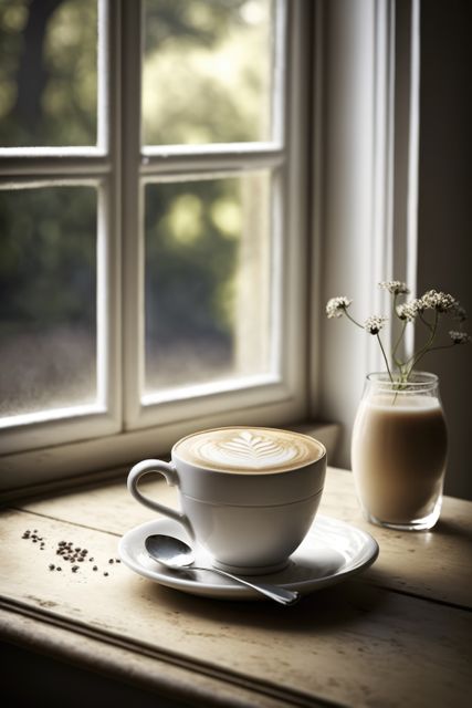 Serene morning scene featuring a freshly made cappuccino with intricate latte art placed on a white saucer beside a teaspoon. A small vase with delicate white flowers sits nearby on a wooden table, bathed in gentle sunlight streaming through a window. Ideal for use in coffee-related promotions, morning routine concepts, or cozy home decor settings.