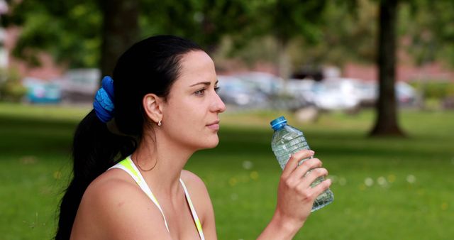Pretty brunette drinking from water bottle on a sunny day