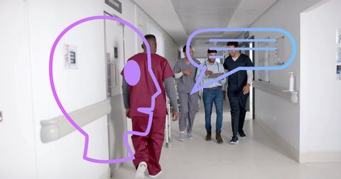 Healthcare team walking and discussing handover in hospital corridor with overlays