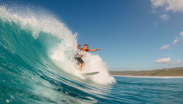Male surfer riding inside blue barrel carving shortboard near sandy beach shirtless tube