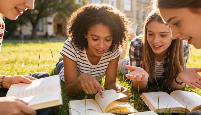 Teen students studying together on sunny campus lawn pointing at open book, collaborative learning