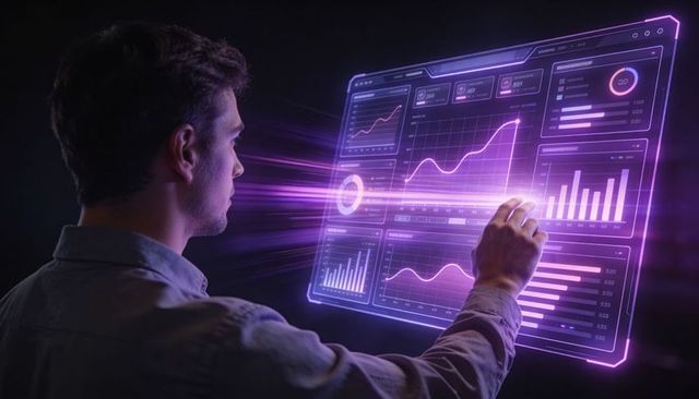 Man Interacting with Futuristic Neon Holographic Data Dashboard for Real-Time Analytics