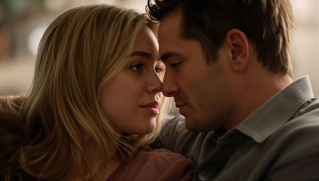 Intimate closeup romantic couple sharing tender whisper on cozy sofa with warm glow