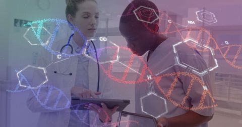 This digitally generated image depicts diverse healthcare professionals analyzing DNA data using modern technology in a hospital environment. It signifies the connection between medicine and genetic science, embodying concepts of innovation and global healthcare. Useful for promoting advancements in medical research, healthcare technology, or educational material emphasizing diversity in medical fields.