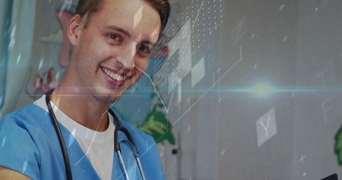 Smiling medical professional in clinic with digital technology overlays