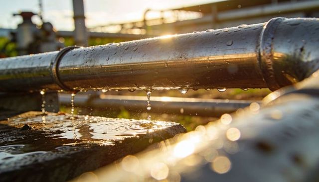 Backlit dripping stainless steel pipe with golden water droplets and bokeh