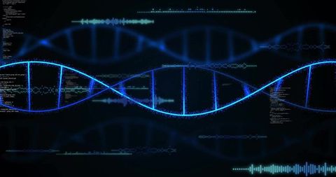 Displaying glowing DNA double helix against holographic data interface with waveform overlays