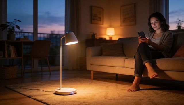 Cozy evening at home woman scrolling smartphone on sofa under warm lamp light