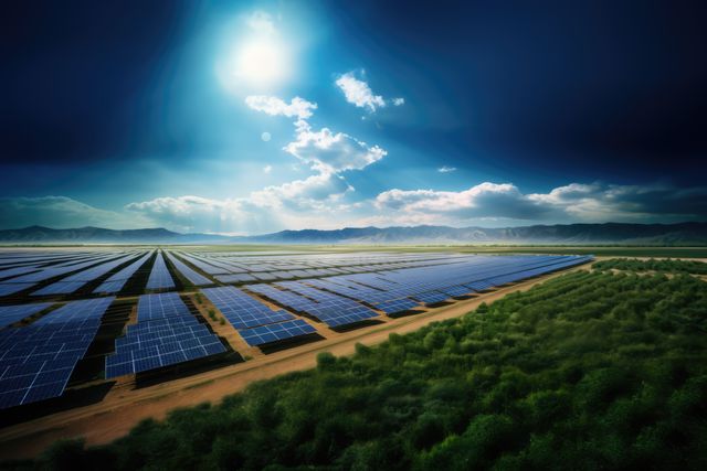 Large field of solar panels in a desert with bright sunlight and mountains in the background. Useful for illustrating concepts of renewable energy, sustainability, and environmental conservation, as well as for promoting clean energy solutions and outdoor nature scenes.