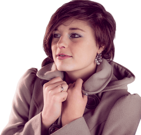 Youthful Woman in Beige Winter Coat with Earrings - Transparent Background