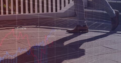 Financial data overlaying man walking urban steps
