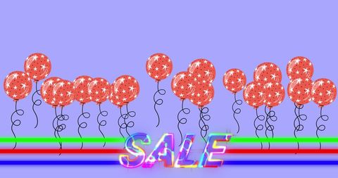 Neon Sale Text with Red Balloons on Purple Background