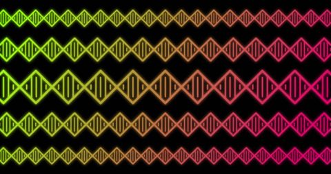 Vibrant dna strand patterns with neon colors on black background