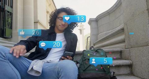 Student scrolling smartphone on campus steps with backpack and social media icons
