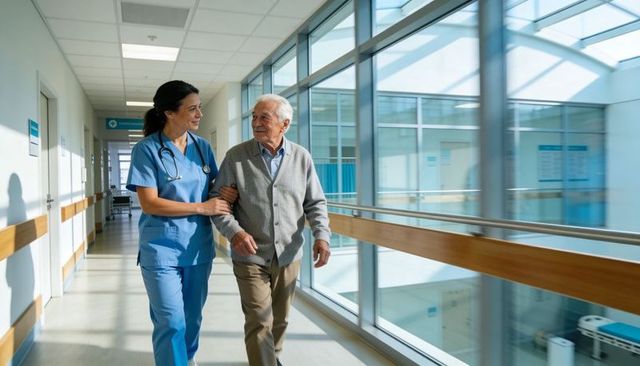 Nurse assisting senior man walking through bright hospital atrium