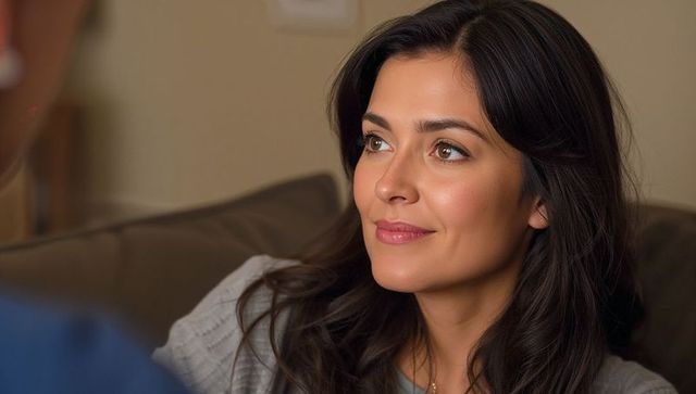 Thoughtful brunette woman relaxing on sofa, smiling and looking left with warm natural light