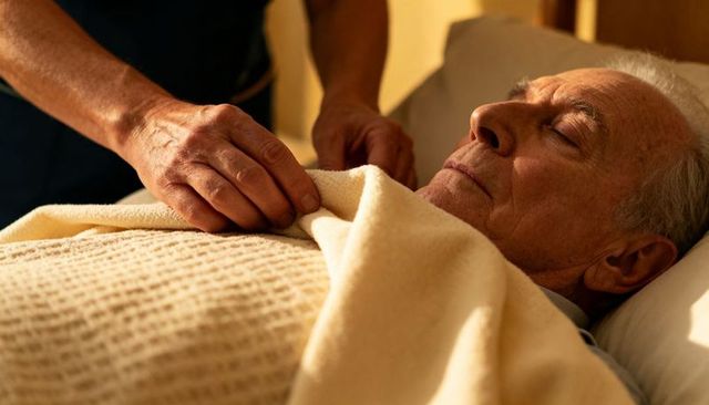 Caregiver tucking cream blanket over resting elderly man showing hands and bedside comfort