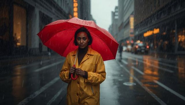Woman standing under red umbrella wearing yellow raincoat on moody rainy city street