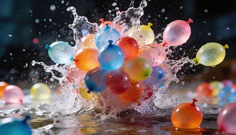 Colorful water balloons bursting and splashing in dynamic water collision