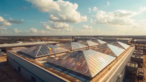 Drone Captures Pyramidal Skylights on Industrial Building at Sunset