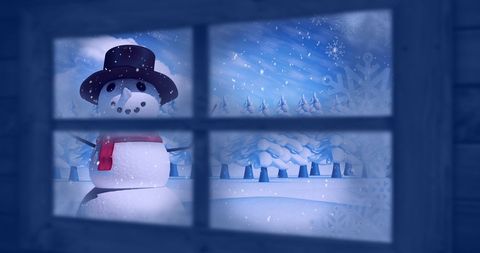 Snowy winter wonderland viewed through cozy window