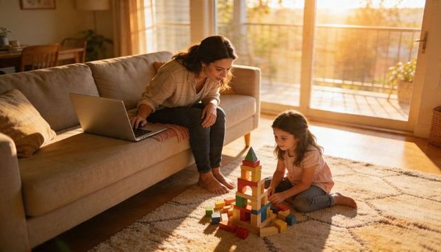 Mother working on laptop while daughter building colorful wooden block tower in cozy home
