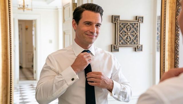 Confident gentleman straightening tie in gold-framed mirror in elegant marble hallway