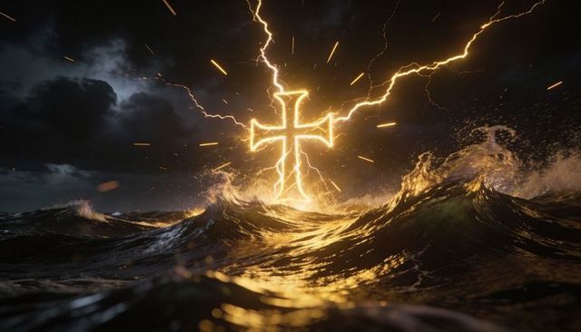 Radiant lightning cross rising from turbulent ocean waves at night with golden sparks