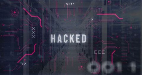 Cybersecurity Breach Concept with HACKED Message in Data Center