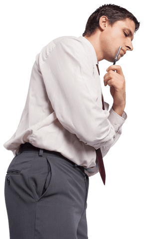 Thoughtful Transparent Businessman with Pen to Chin