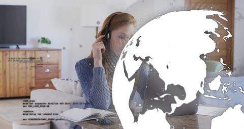 Remote support professional working from home with headset and global network overlay