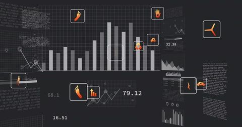 Displaying vertical bar chart dashboard with orange callouts on dark analytics grid