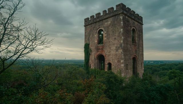 Medieval tower ruins overgrowing with ivy on mountain viewpoint
