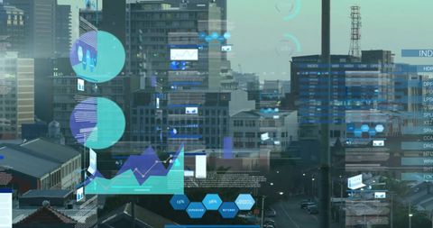 Stock market data overlay on modern urban landscape