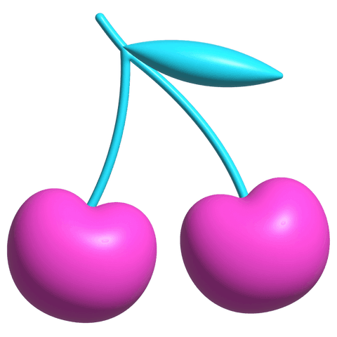 Transparent background glossy pink heart cherries with cyan stems and turquoise leaf