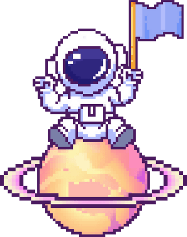 Pixel art astronaut on planet waving blue flag transparent