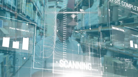 Futuristic Warehouse Data Analysis Interface with Holographic Overlays