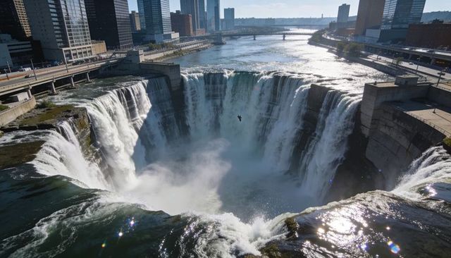 Urban horseshoe waterfall overlooking city river with bridges and sunlit mist aerial view
