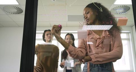 Diverse Business Team Brainstorming Ideas on Glass Board