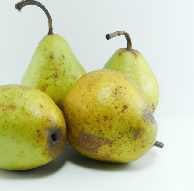 Four ripe yellow pears are shown closely against a white background. The pears have a naturally rustic and organic appearance with visible spots and imperfections. This image is perfect for use in health and wellness articles, food-related blogs, recipe websites, grocery marketing materials, or educational content about fruits and their benefits.