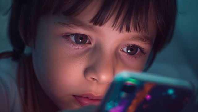Child engrossed with smartphone in soft bedroom lighting