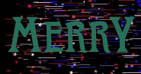 Merry expanding typographic holiday greeting with teal serif and patriotic star streaks
