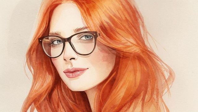 Elegant Woman with Red Hair in Glasses Watercolor Portrait