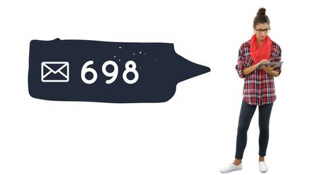 Woman standing with tablet viewing 698 new messages icon