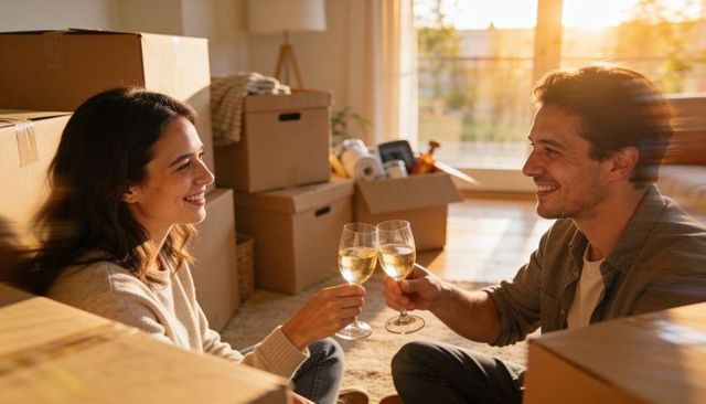 Couple toasting while unpacking new home during golden hour with moving boxes, celebrating new start