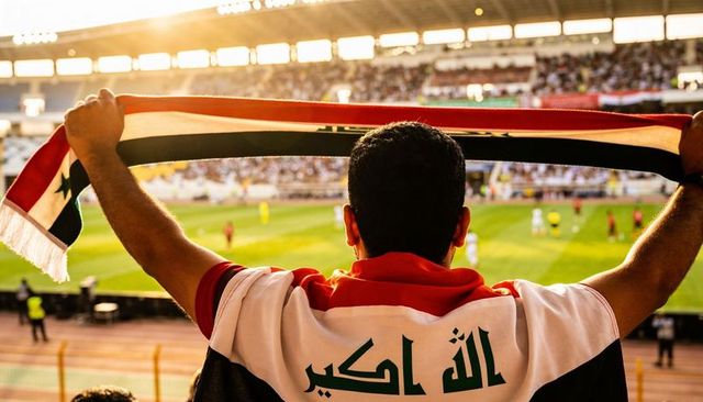 Iraqi football fan holding flag scarf overhead watching match in sunlit stadium